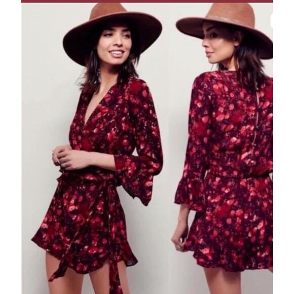 Free People All the Right Ruffles Shorts Feminine Romper In Berry Combo - Picture 2 of 9